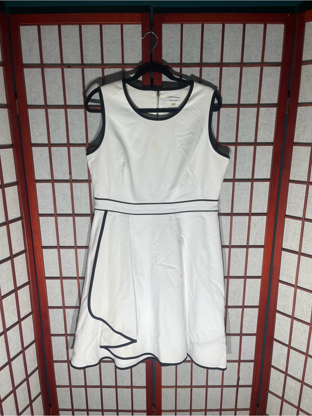 Calvin Klein White Sleeveless A-Line Midi Dress with Black Trim